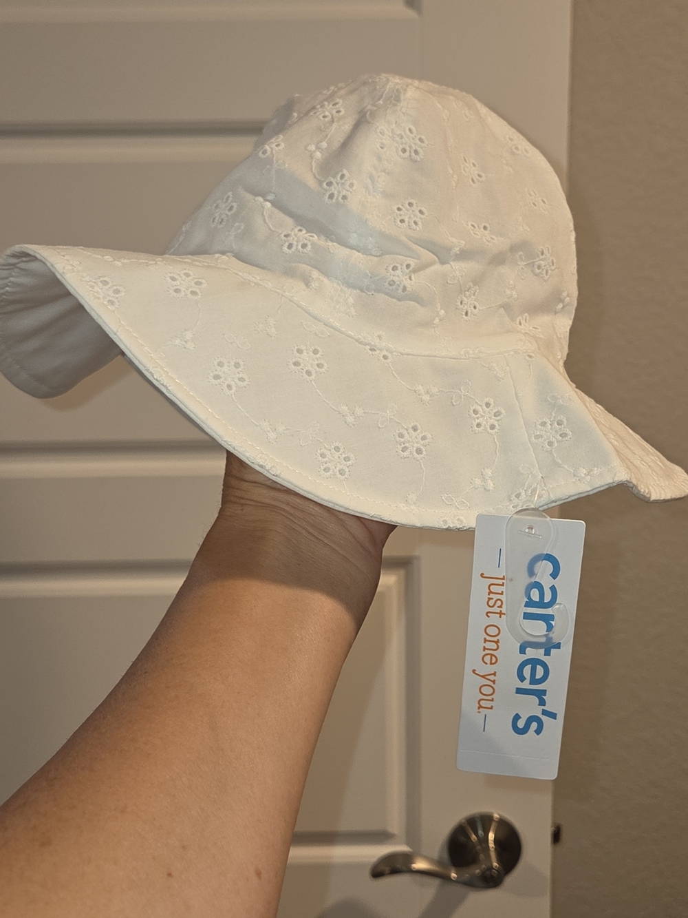 Carter's White Eyelet Sun Hat with Floral Embroidery